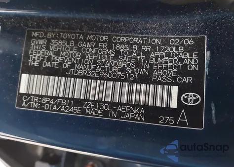 2006 Toyota Corolla Le from USA, damaged, VIN JTDBR32E960075121